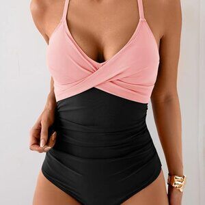 Elegant Peach and Black One-Piece Swimsuit